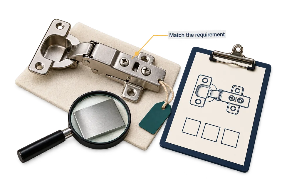 A cabinet hinge, finish sample and matching inspection sheet prepared for a quality review.
