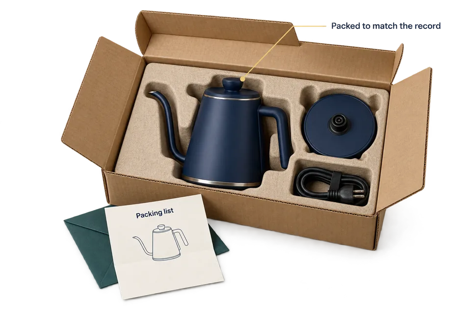 A kettle, base and cable fitted into protective packaging beside a matching packing list.