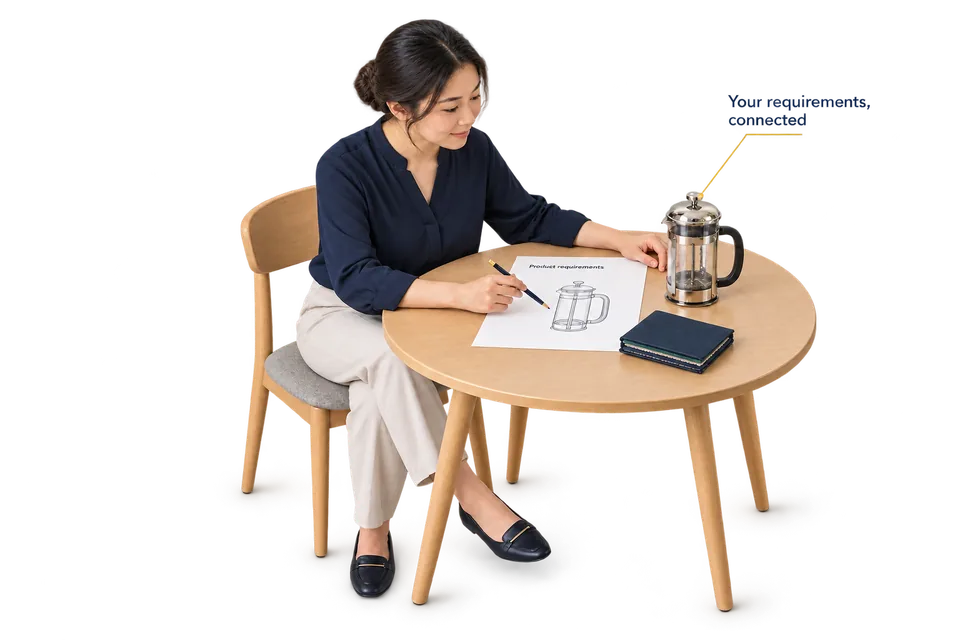 A product brief and coffee press sample reviewed together before supplier sourcing.