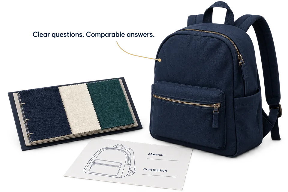 Backpack materials and construction questions organized beside a matching product brief.