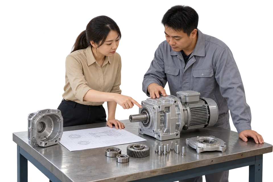 A gearmotor assembly, matching drawing and machined parts reviewed together at a supplier workbench.