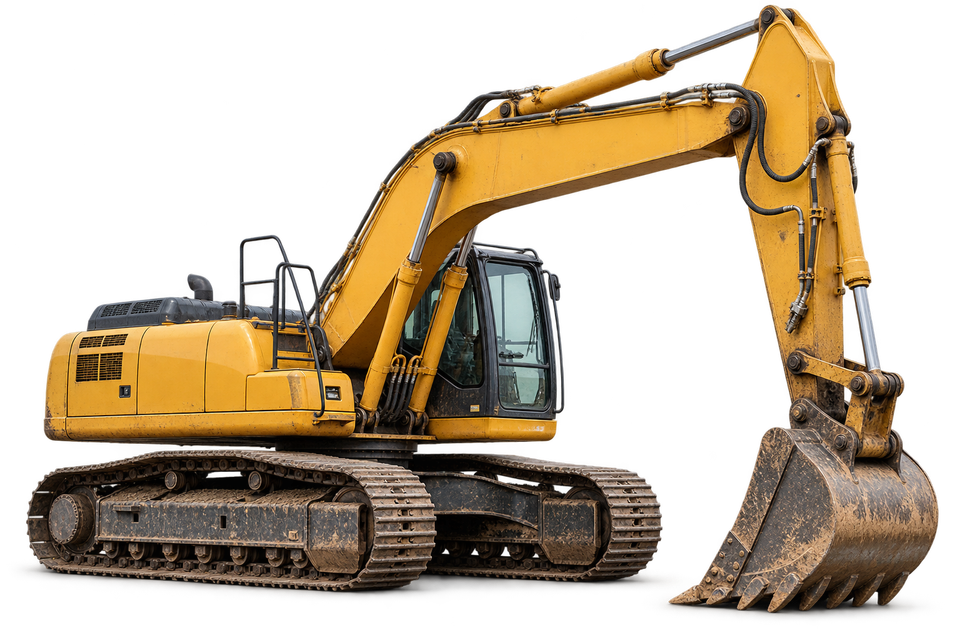 Excavator illustration showing linked steel tracks, hydraulic cylinders, hoses, pivot joints and a worn digging bucket