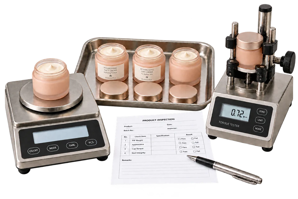 Cream jars checked on a precision scale and cap-torque tester beside an inspection sheet.