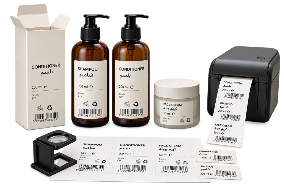 Cosmetic bottles and a jar with English and Arabic sample labels, a printer and label proof sheet.