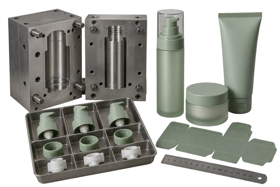 Cosmetic packaging mould, airless pump bottle, jar, tube and matching pump components.