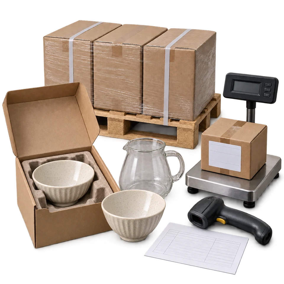 Ceramic bowls in fitted protective packaging beside wrapped cartons, a parcel scale and barcode scanner.