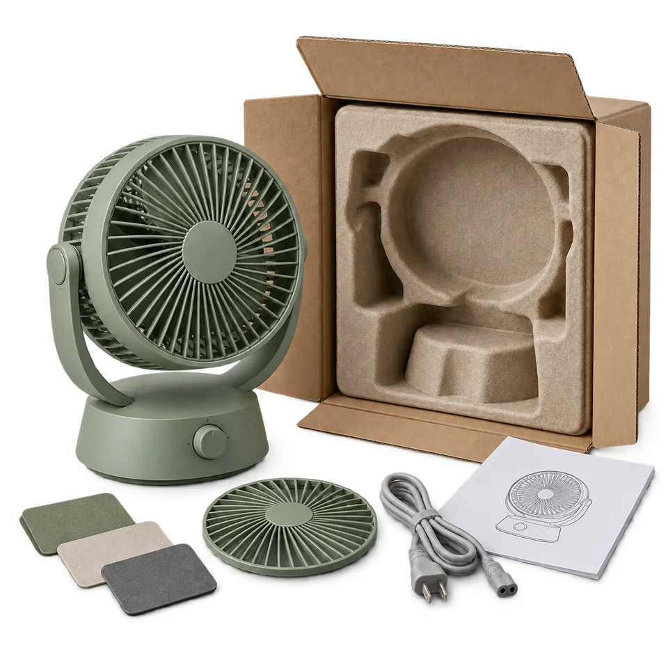 A desktop fan sample, spare grille, material swatches and fitted protective packaging.