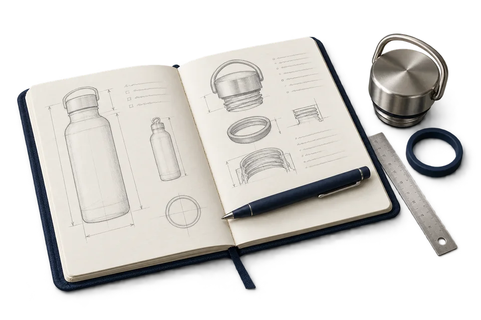 Product sketches, a bottle cap and sealing ring beside a sourcing notebook.