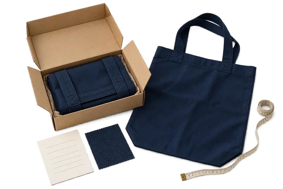 A cotton tote sample, fabric swatch and measurement tape beside its sample box.