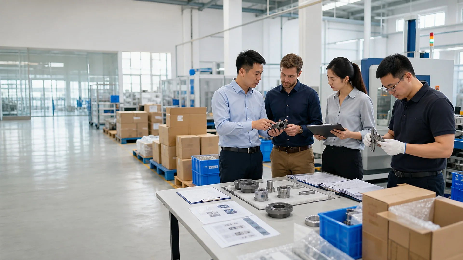 Machined parts, measurements and product records reviewed at a worktable.
