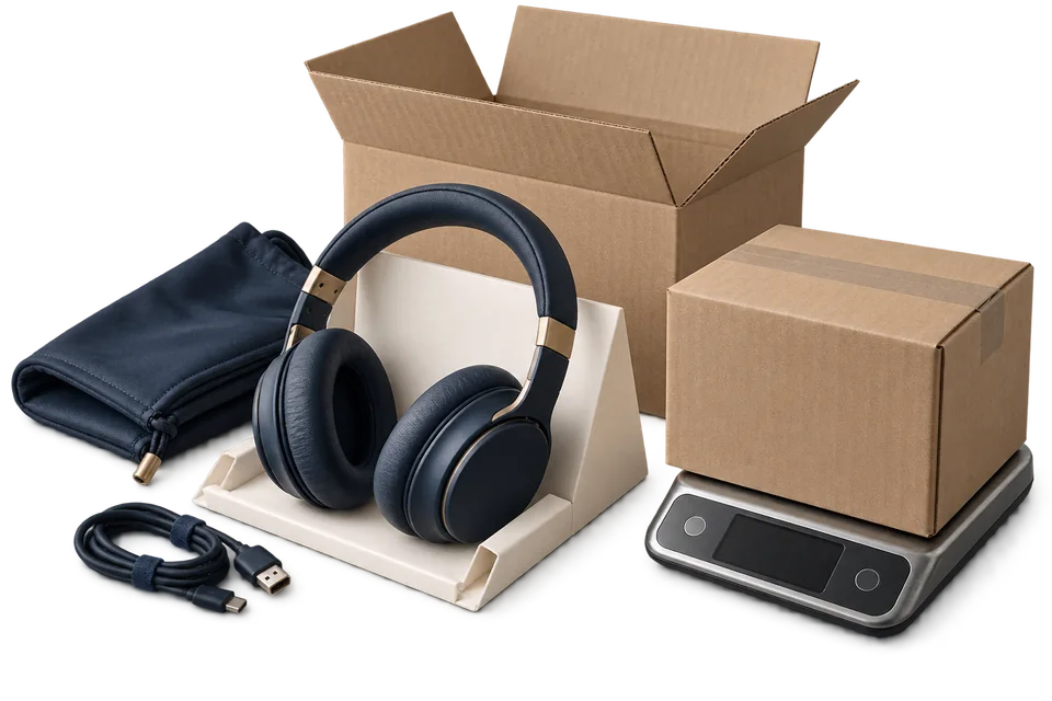 Headphones, a retail insert and packed carton on a parcel scale.
