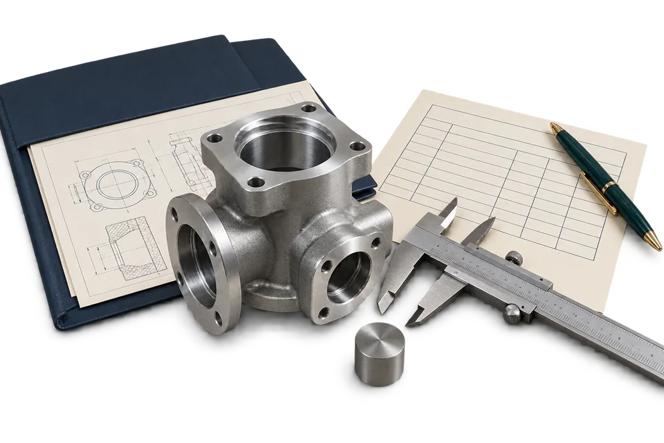 A machined valve body, caliper and specification records prepared for review.