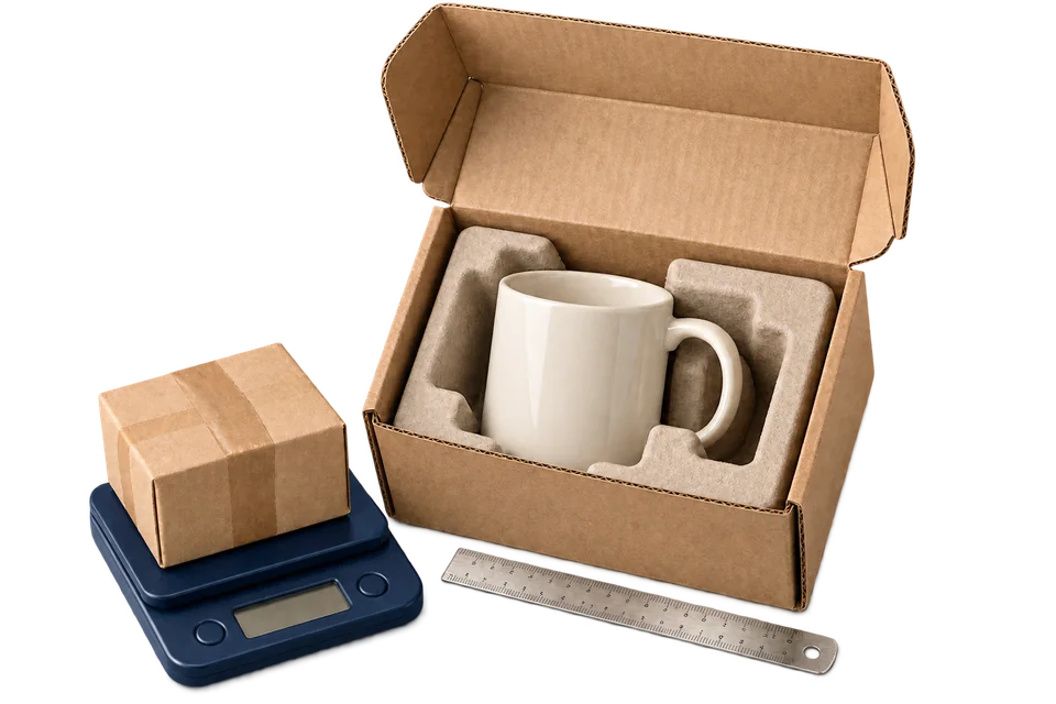 Ceramic mug protected by a molded-paper insert beside a parcel scale and ruler.