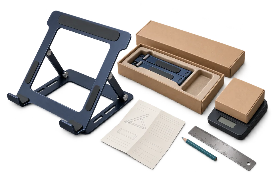 Folding laptop stand, fitted packaging, specification sheet and parcel scale.
