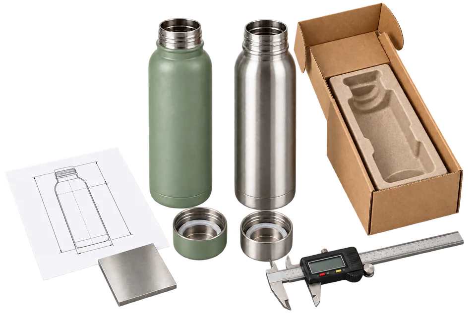 Two insulated bottle samples with matching lids, silicone seals, fitted packaging, a product drawing and a caliper laid beside them.