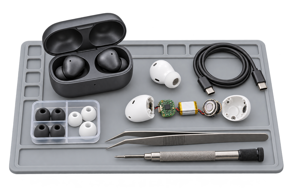 Earbud inspection illustration with a charging case, finished sample, disassembled shell and components, USB-C cable, silicone tips and precision tools on an inspection mat