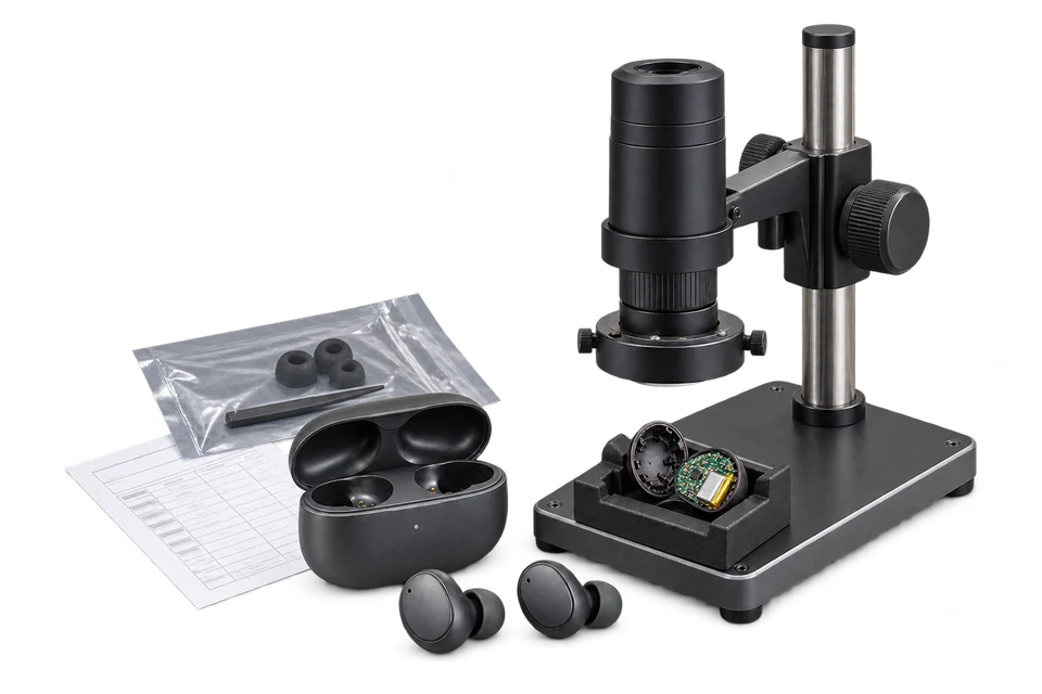 Graphite earbud samples and an opened spare sample beneath a compact inspection microscope.