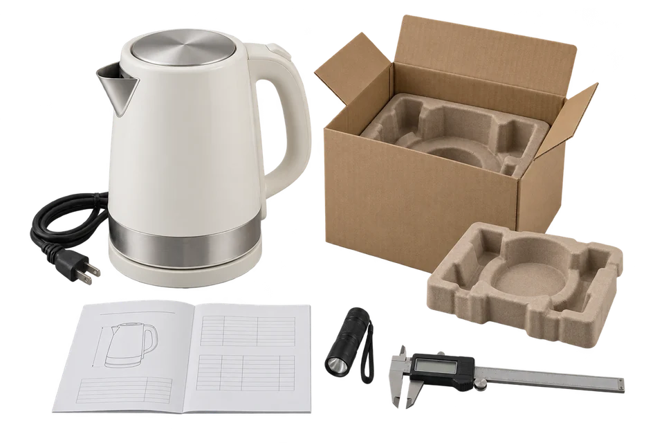 Small electric kettle, fitted protective packaging, an inspection booklet and measuring tools.