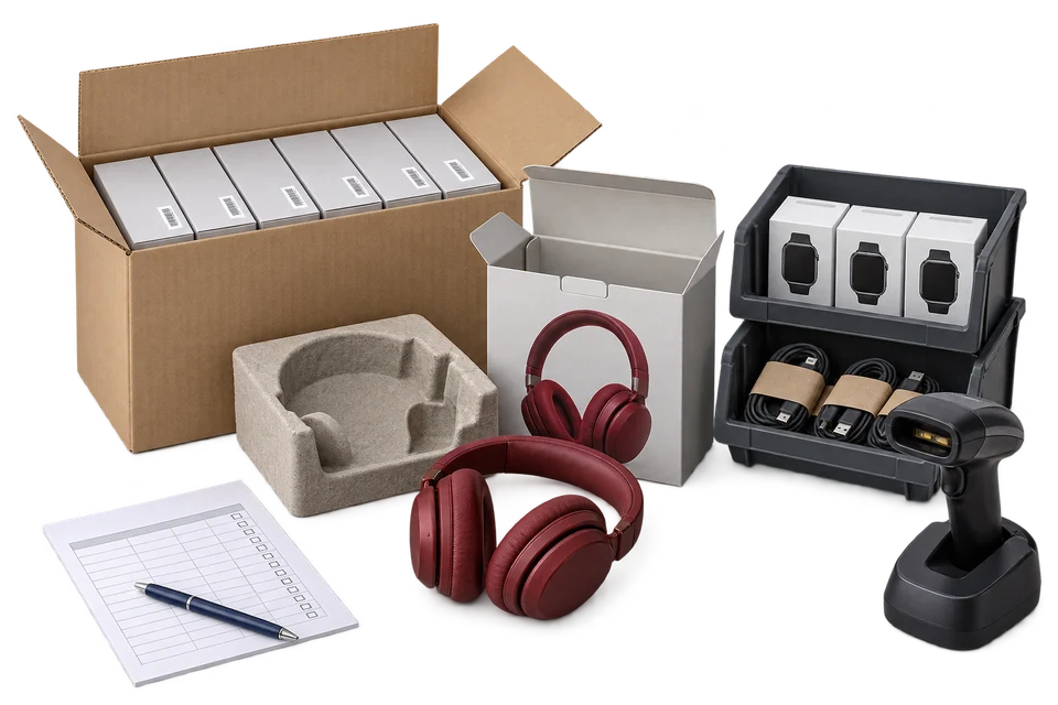 Headphones and fitted packaging beside boxed wearables, cables and a barcode scanner.