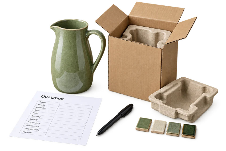 Stoneware pitcher, fitted protective packaging, glaze samples and a quotation worksheet.