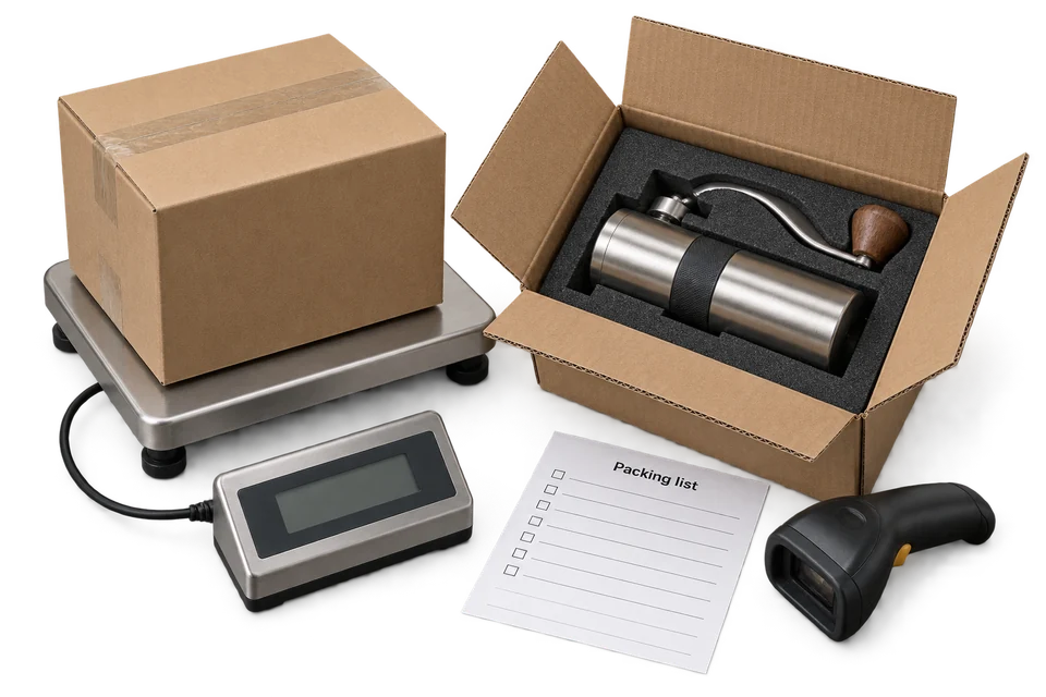 Parcel scale, shipping carton, hand coffee grinder in fitted foam, barcode scanner and packing-list worksheet.