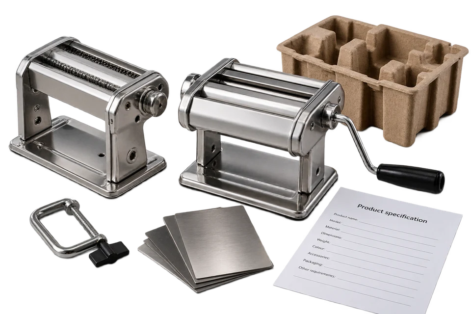 Stainless steel pasta-machine samples, a table clamp, finish samples and a product-specification worksheet.