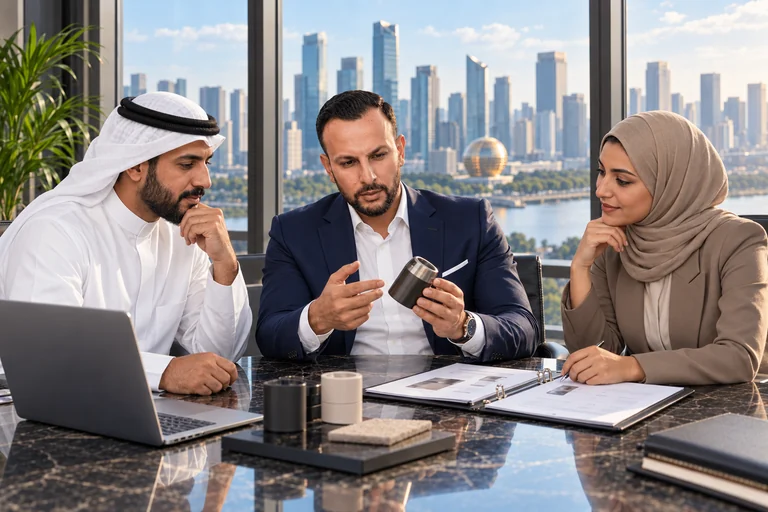 Mohamed discussing product samples with Middle Eastern business clients, with the Hangzhou skyline behind them.