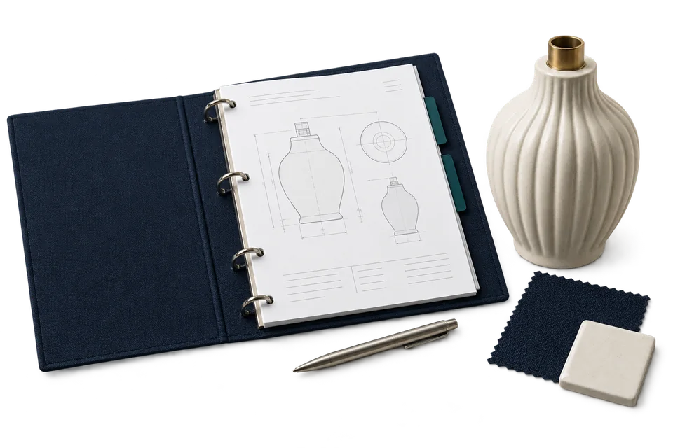 A product revision file, ceramic sample and finish references prepared for buyer approval.
