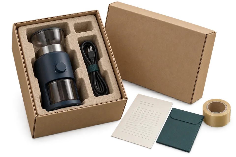 A coffee grinder secured in fitted packaging beside its packing record.