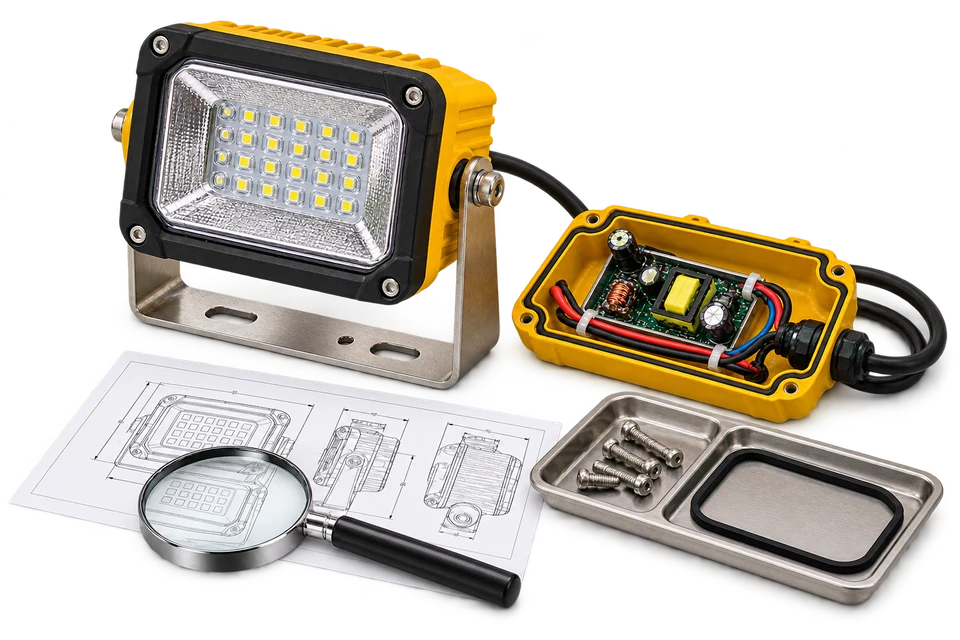 An LED work light, open component housing, matching drawing, gasket and fasteners arranged for inspection.