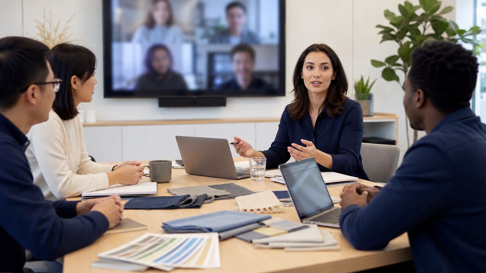 Sourcing team coordinating supplier communication with samples and meeting notes