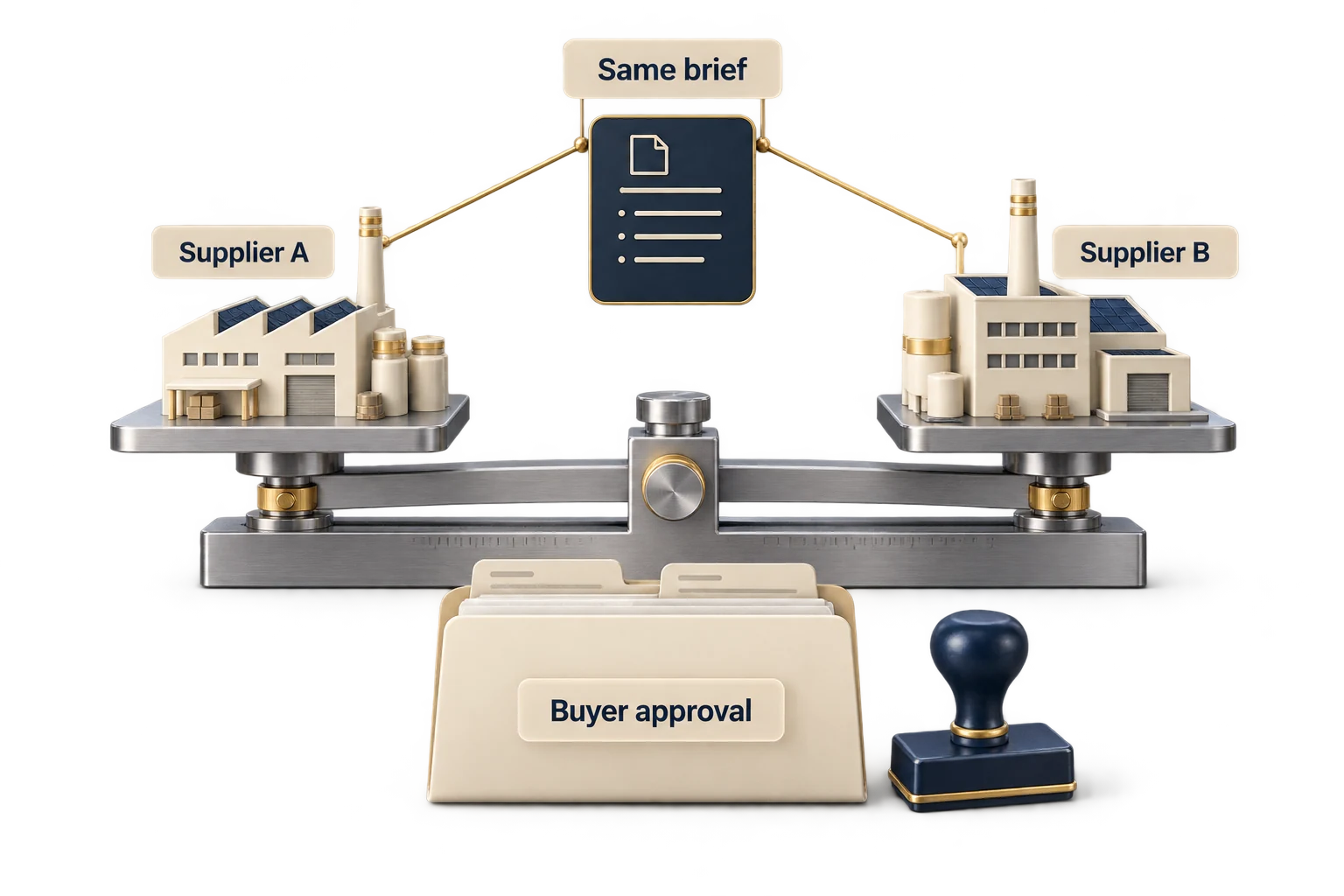 Conceptual equal comparison of two supplier offers against one specification before buyer approval.
