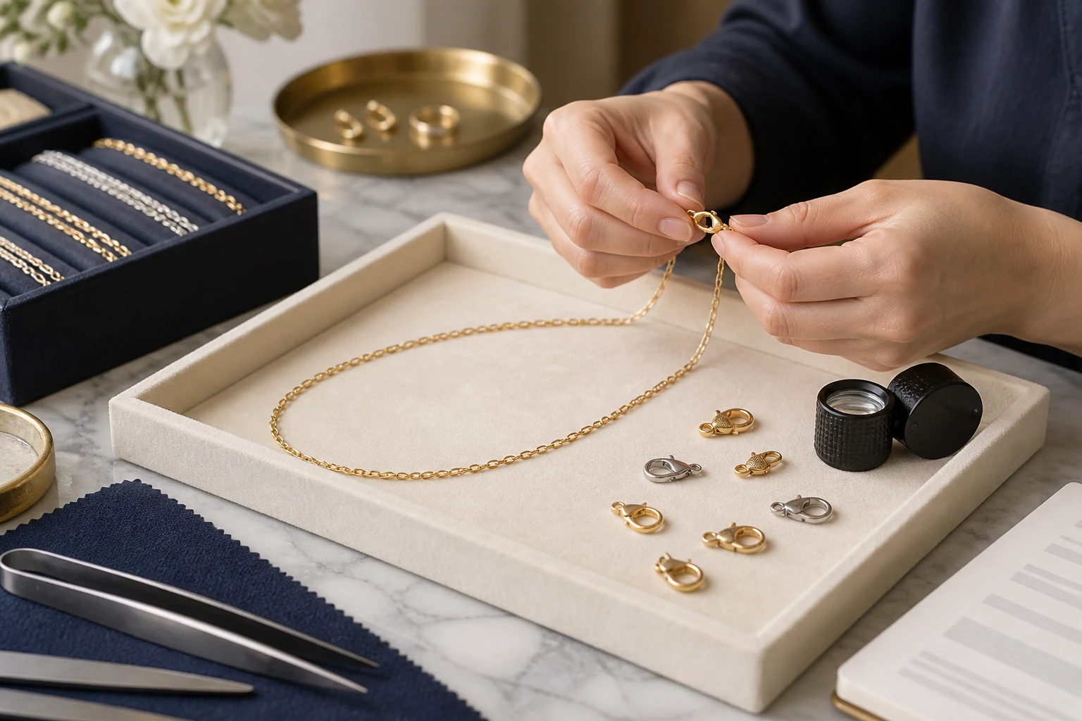 A necklace clasp being examined beside chain samples and a jeweler's loupe.