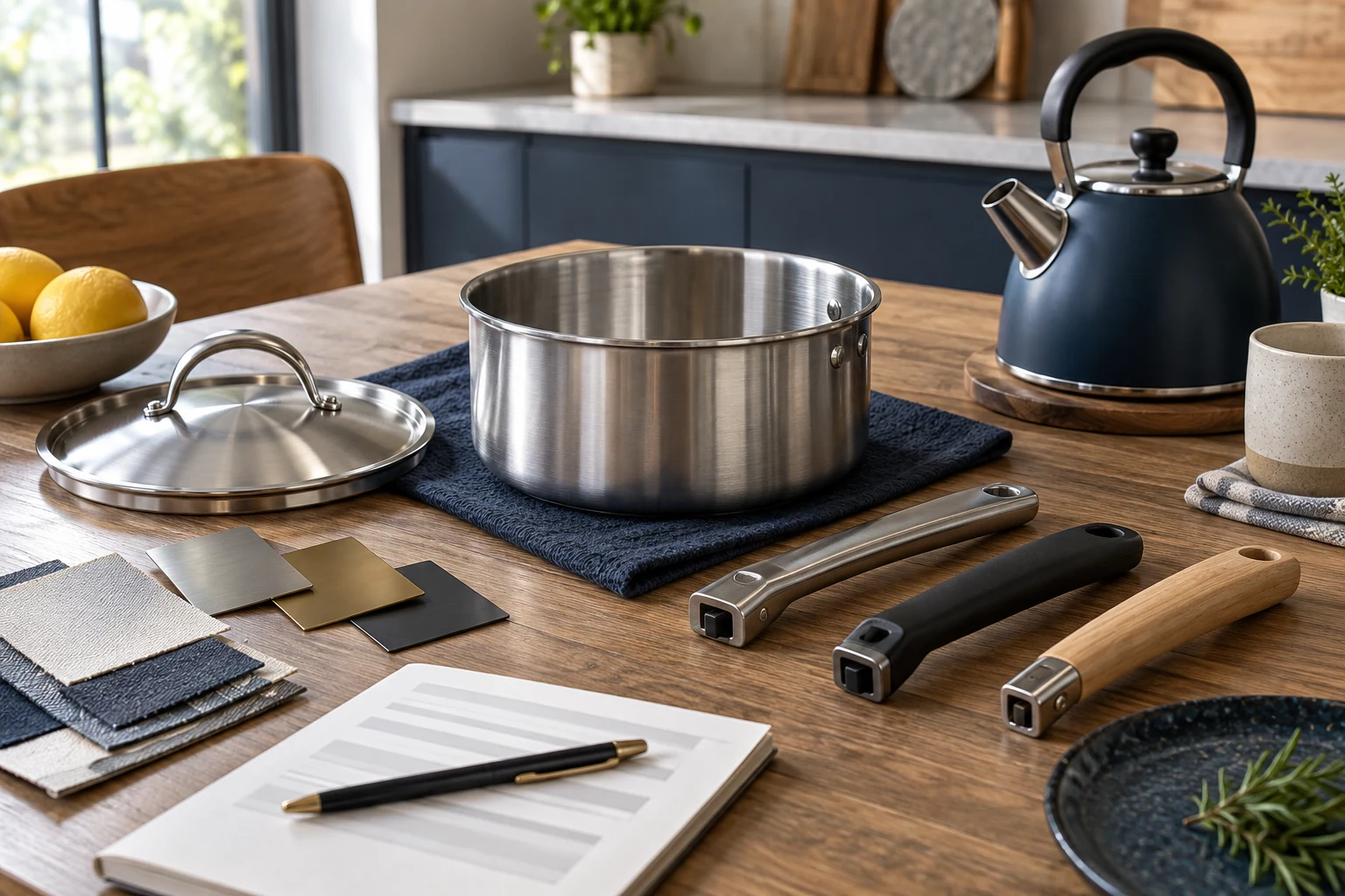 A saucepan, kettle and lid samples arranged for a kitchenware review.
