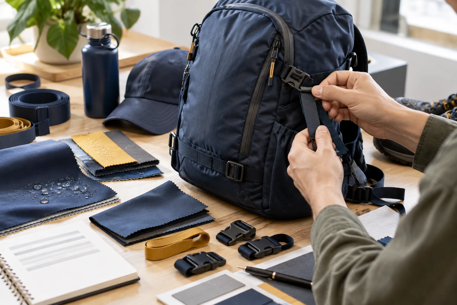 A daypack's stitching and straps being checked against buckles and fabric samples.