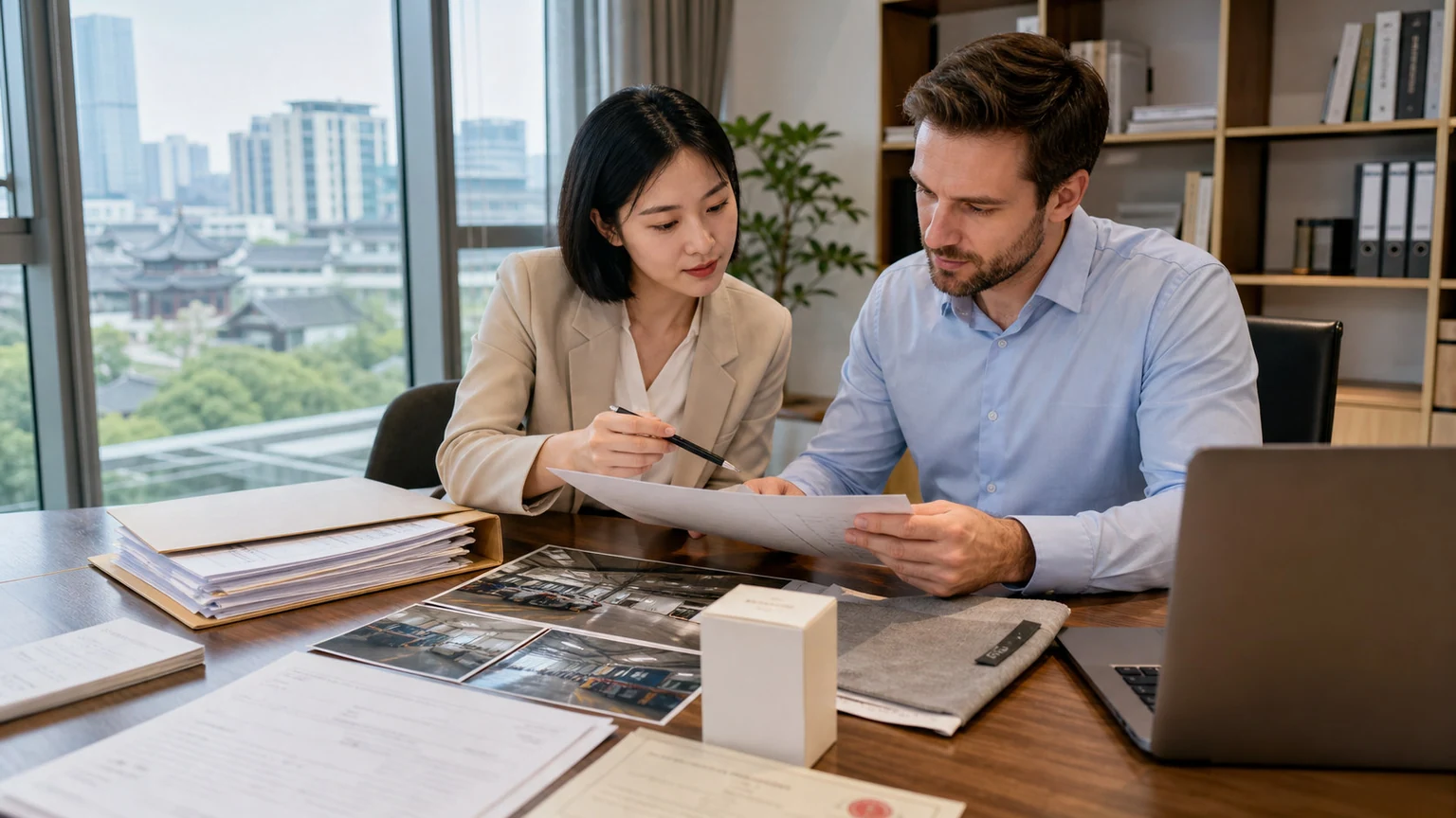 A buyer and sourcing specialist review factory photographs and supplier documents