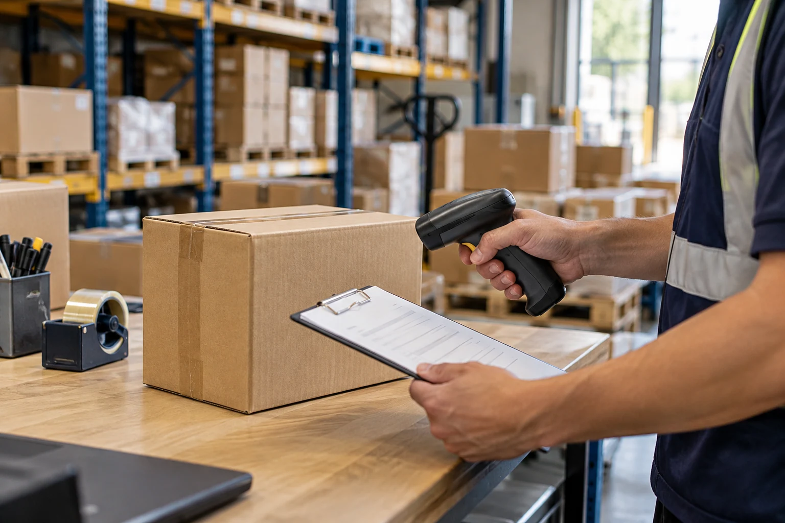 A warehouse worker scans a carton beside a packing list at a receiving bench.