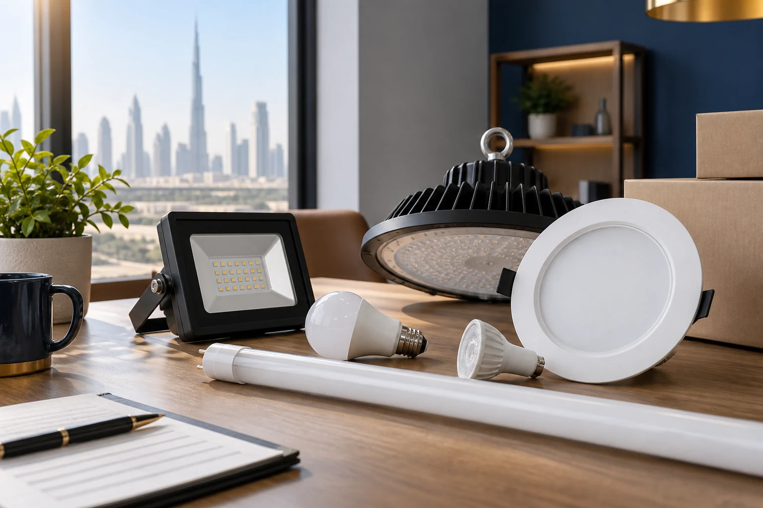 LED lighting fixtures and bulbs arranged for comparison