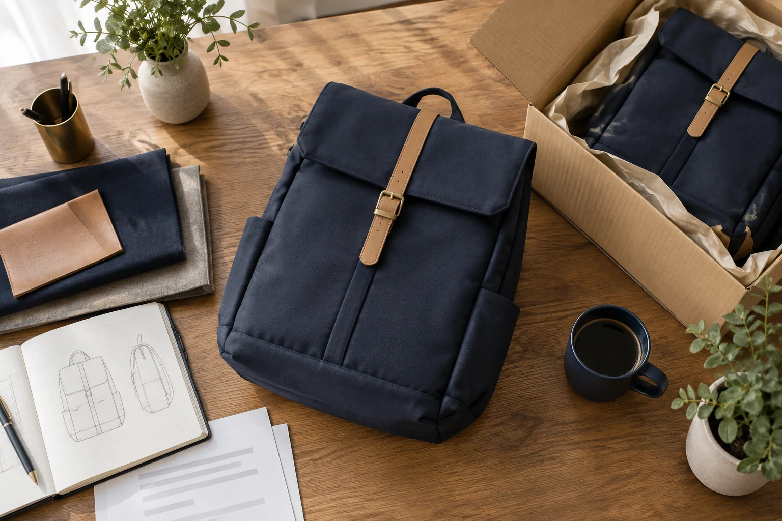 A navy backpack beside fabric swatches and a product sketch.