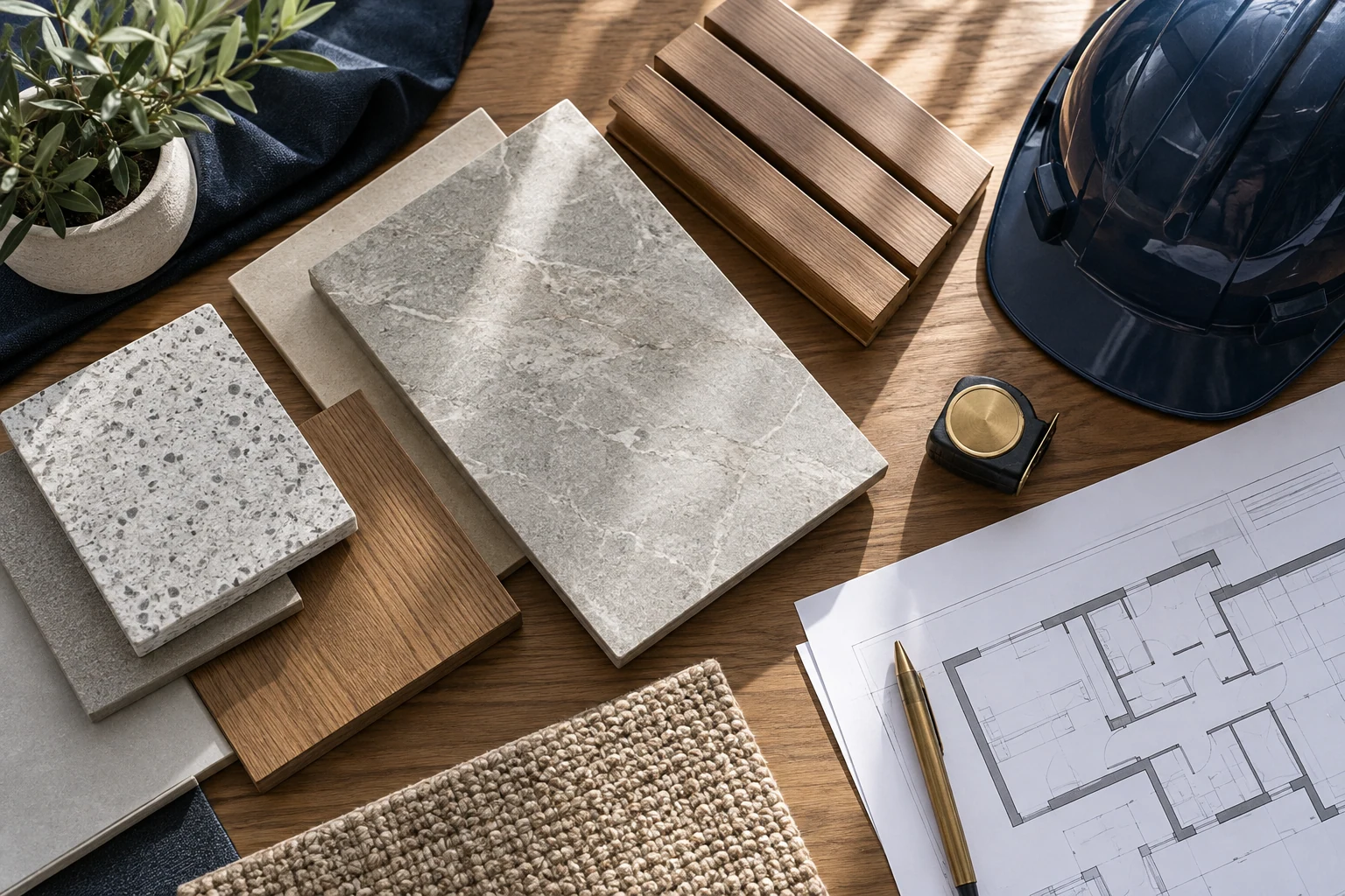 Building material samples beside a construction plan.