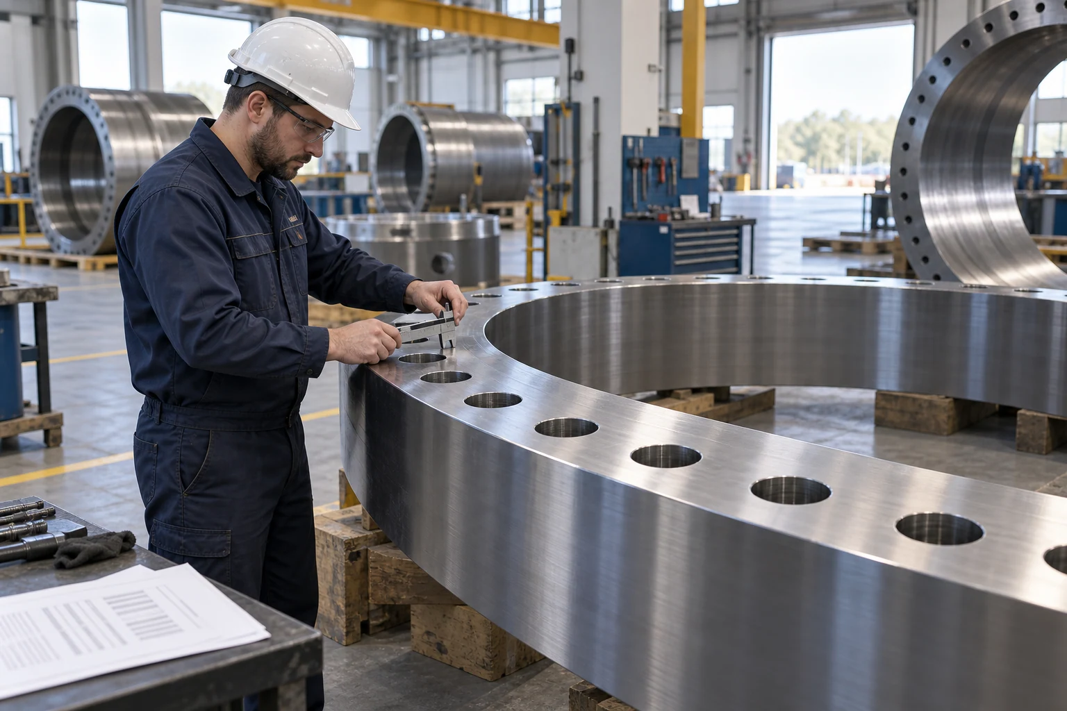A technician measuring a large steel flange ring in an industrial workshop.