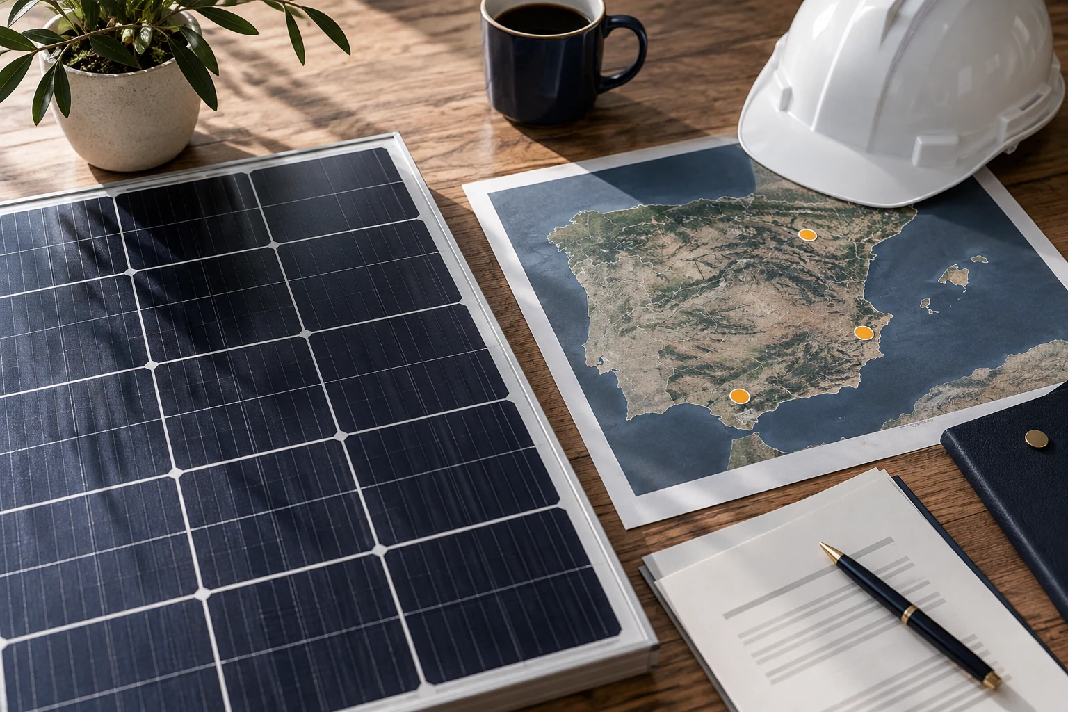 A solar panel sample beside a map and project paperwork.