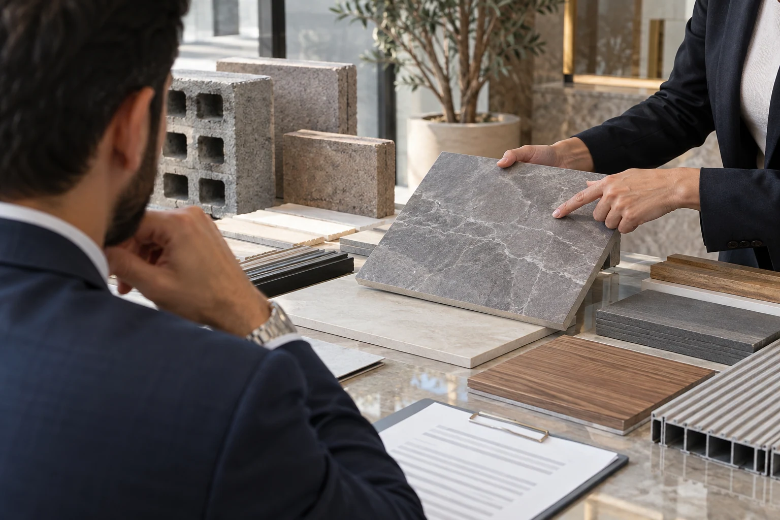 A reviewer comparing tile and building material samples.