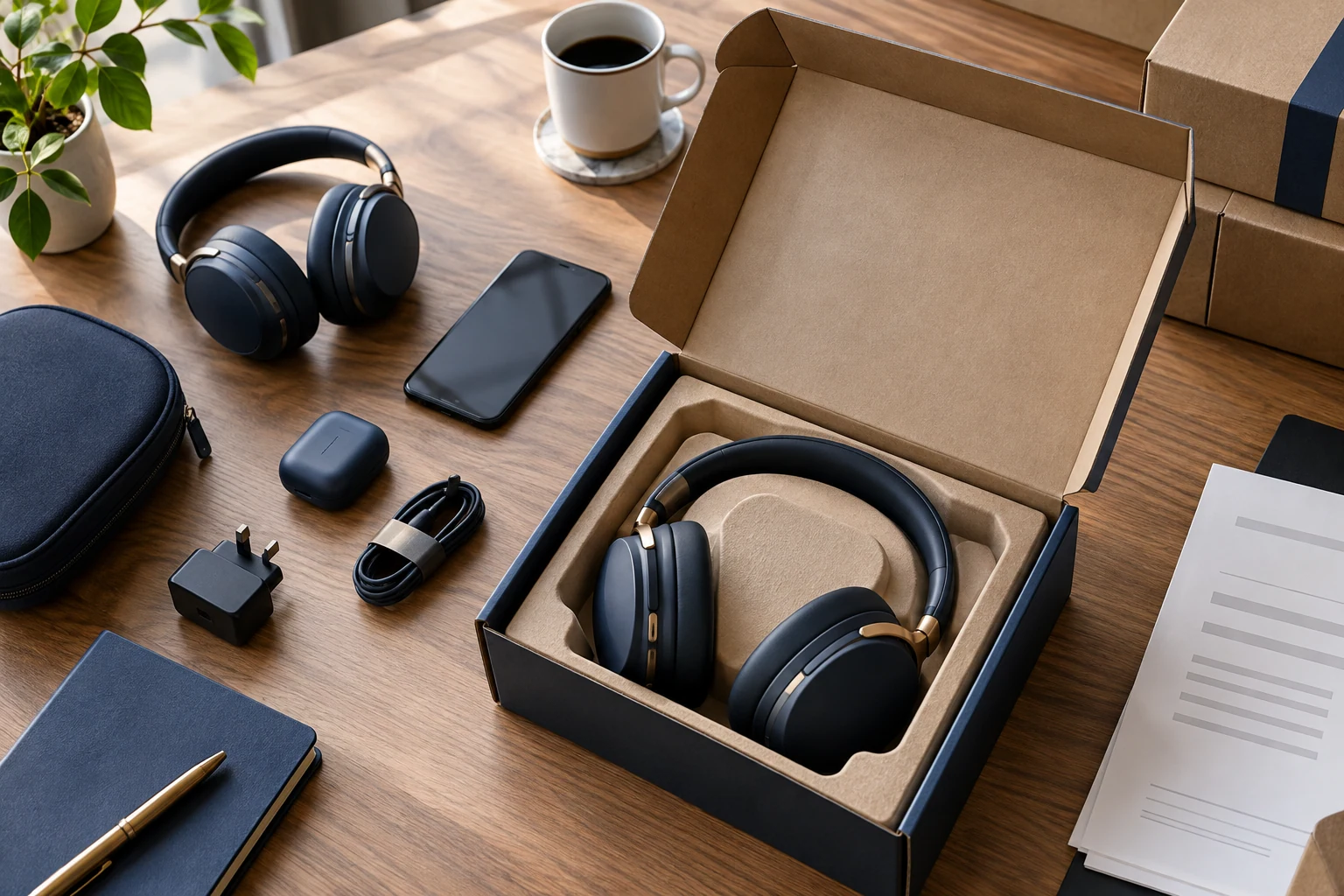 Headphones beside packaging and accessory samples.