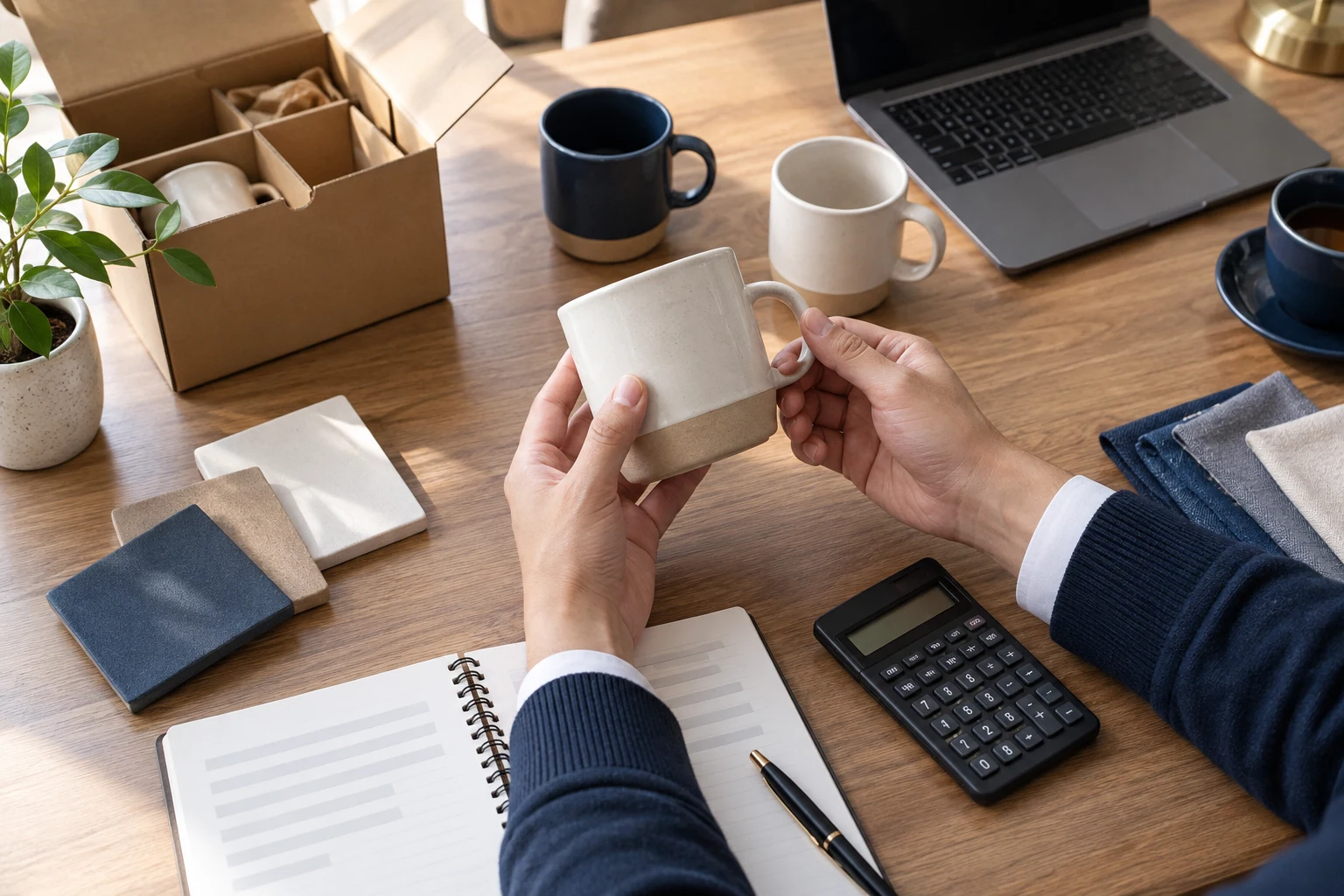 Ceramic mugs beside cost comparison paperwork and a calculator.