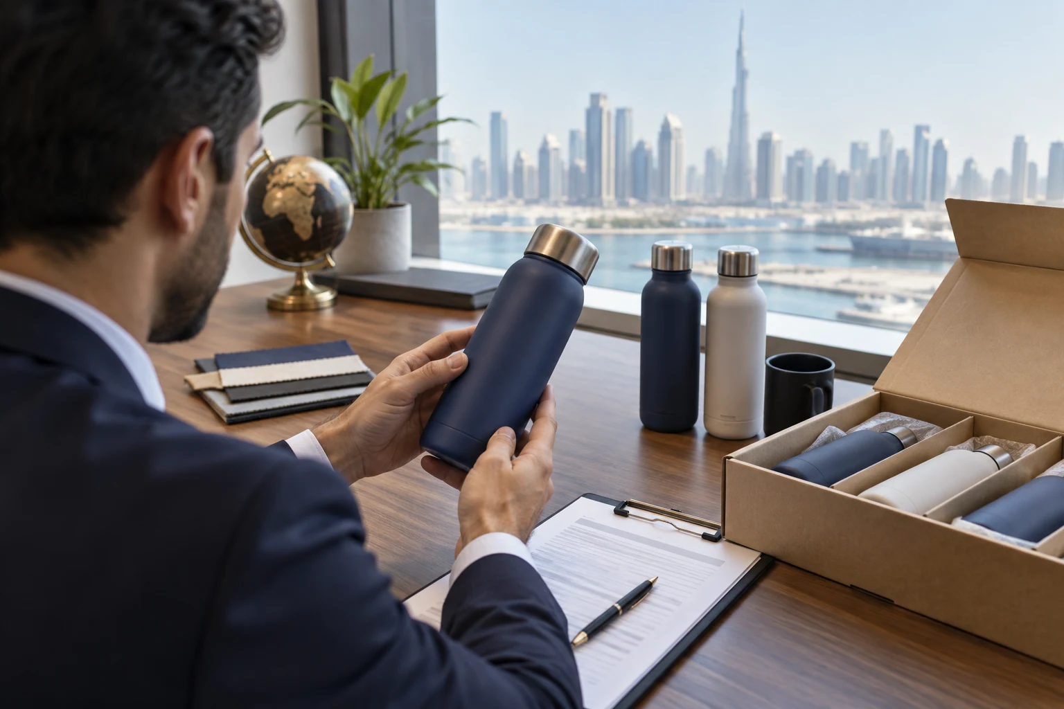 A water bottle sample on a desk overlooking a UAE port.