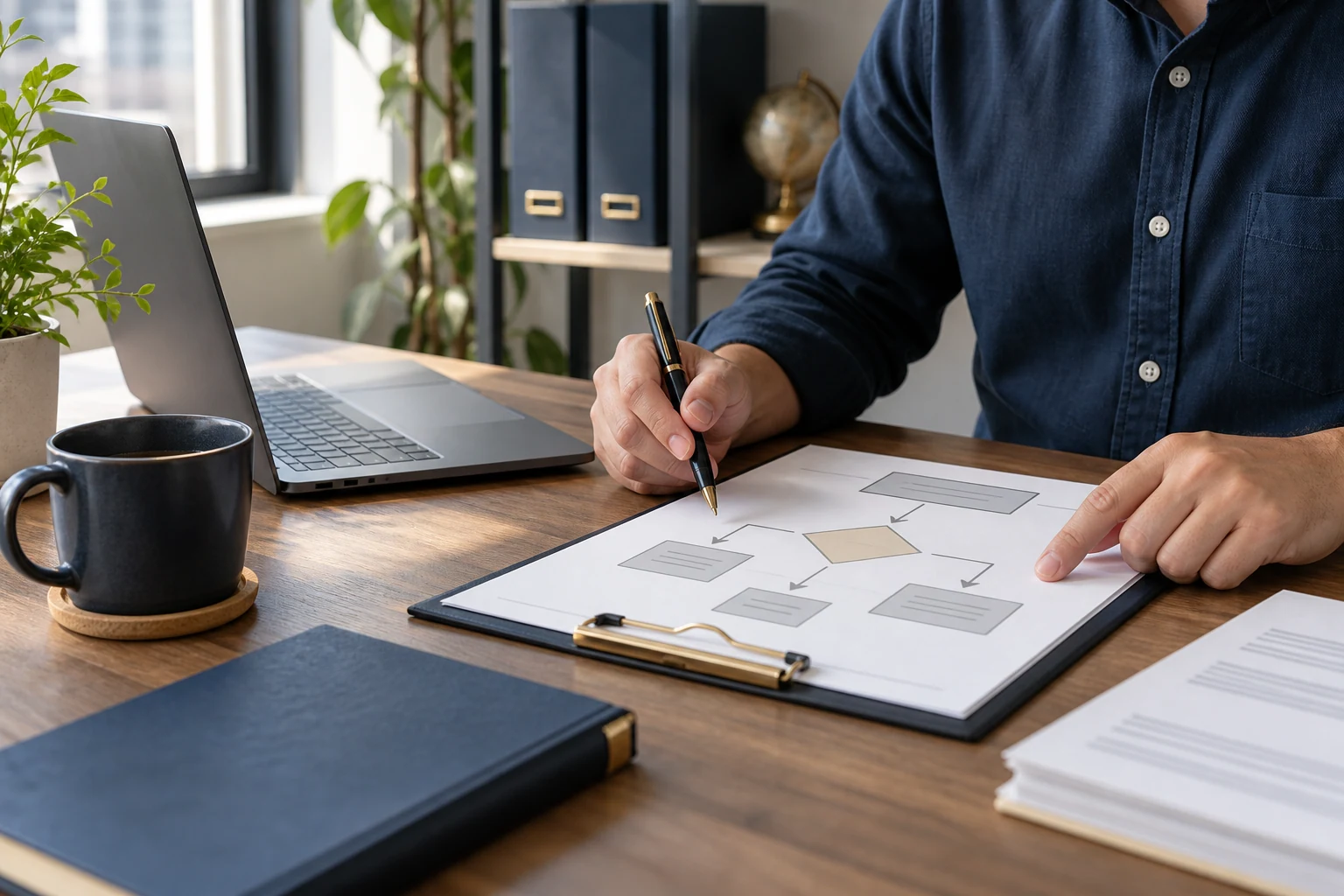 A reviewer working through a decision diagram on a clipboard.
