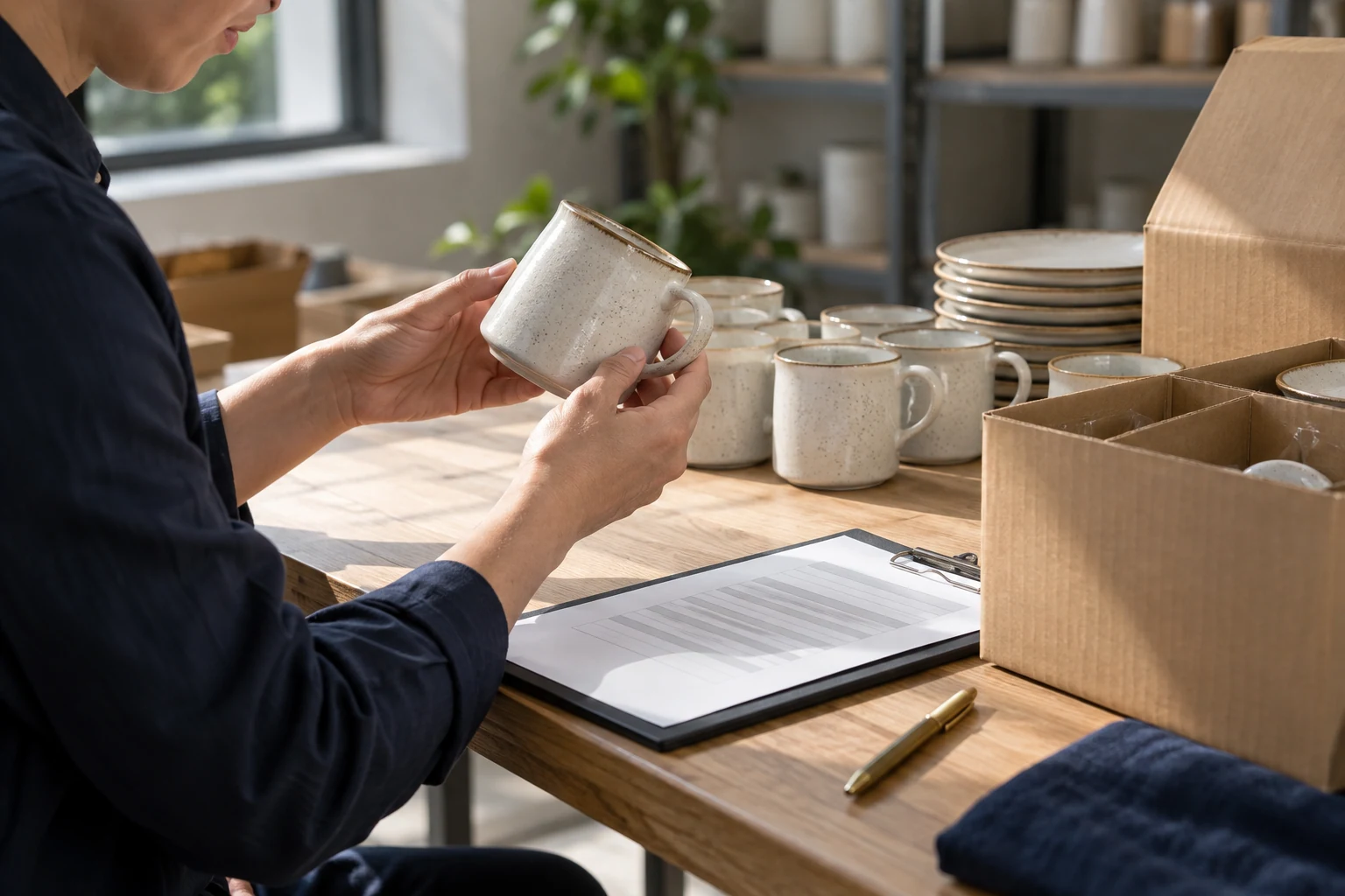 A reviewer checking a white mug beside a tableware range.