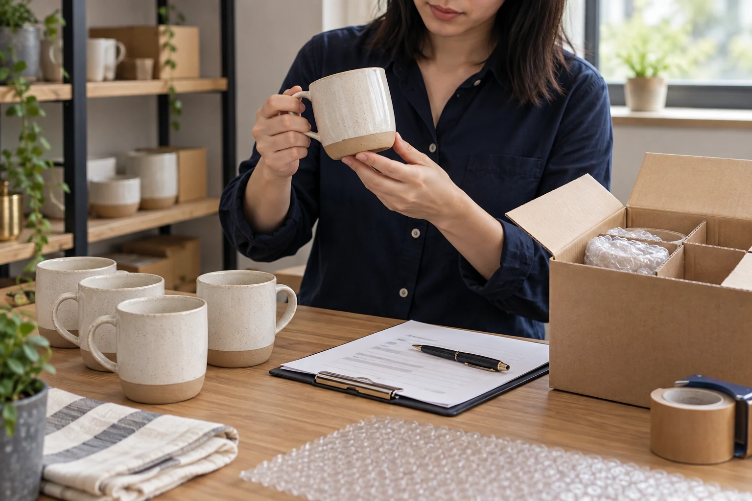 A reviewer checking a ceramic mug and its protective packaging.
