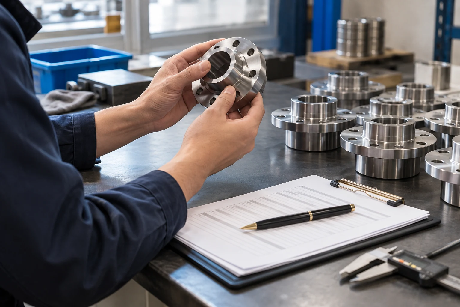 A reviewer examining a machined metal component.